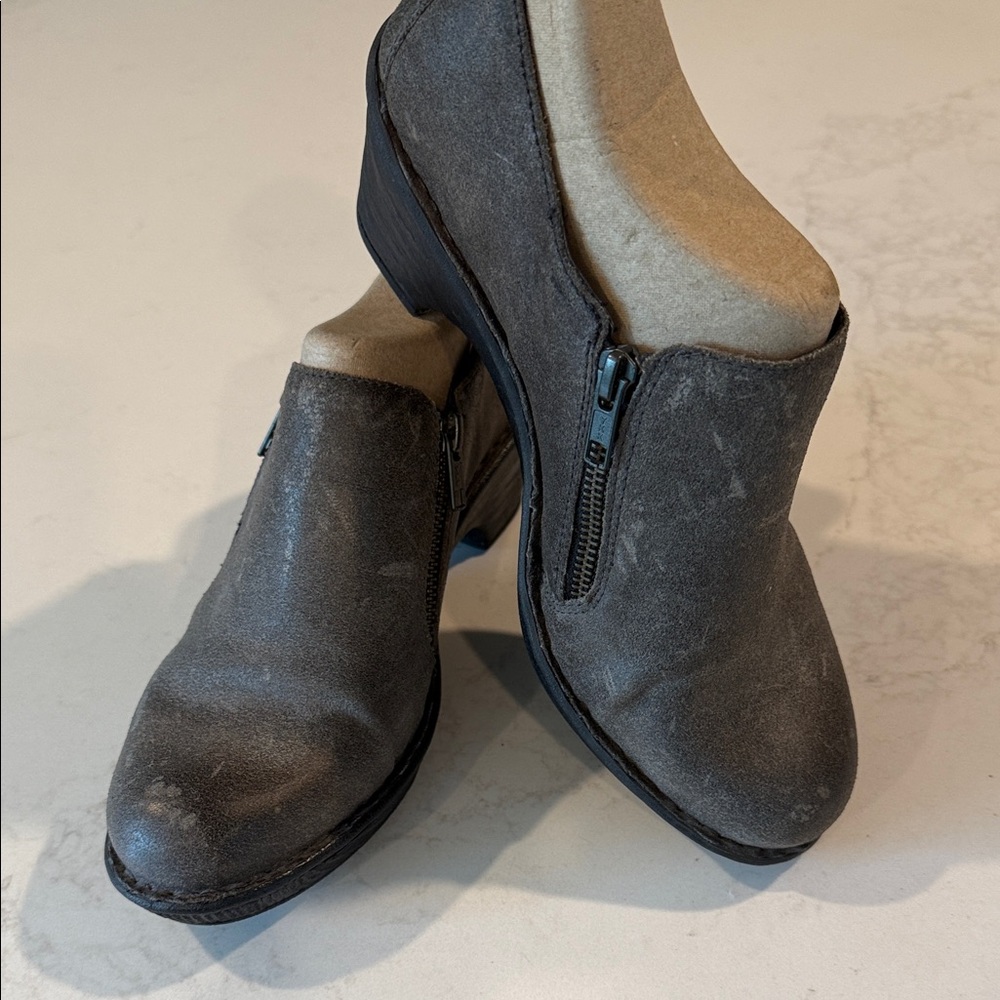 BORN Distressed Leather Mules Double Zippers brownish-gray, very little wear.